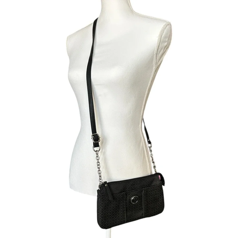 TOMMY HILFIGER Black Jacquard Crossbody Bag Silver Chain Accents Classic Preppy